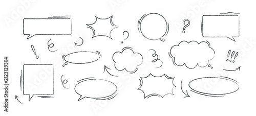 Set of doodle with pencil sketch effect speech bubbles in different shapes and sizes for messages, dialogs and chats