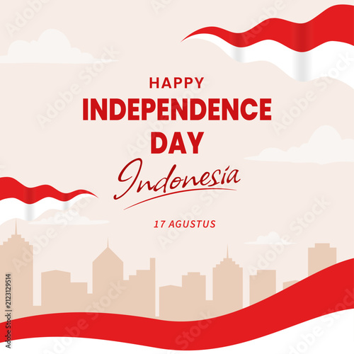 Indonesia Independence Day Social Media Template with Red White Flag and City Skyline for National Celebration