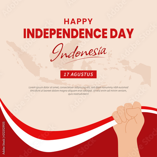 Indonesia Independence Day Social Media Template with Raised Fist and Red White Ribbon for National Celebration