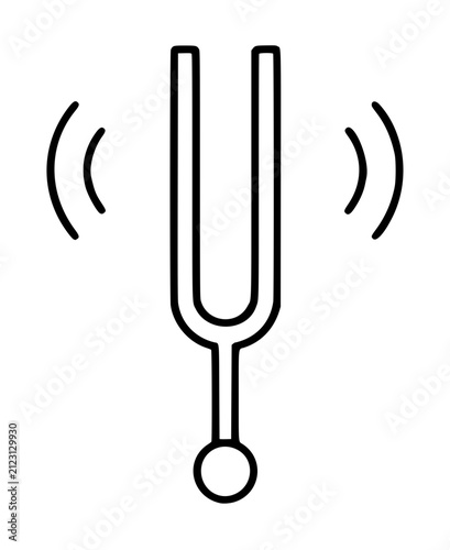 Minimalist hand-drawn tuning fork vector icon with sound waves, simple black line illustration on white background for audio and music design