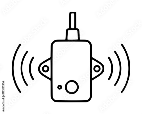 Hand-drawn line vector icon illustration of a vibration sensor or industrial monitoring transmitter device emitting wireless signal waves, outlined style on white background, minimalist sketch graphic