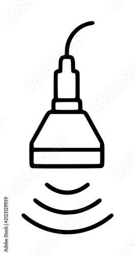 Hand-drawn black-and-white vector icon illustration of an ultrasonic probe sensor emitting radio waves, depicting acoustic wave technology with clean line art