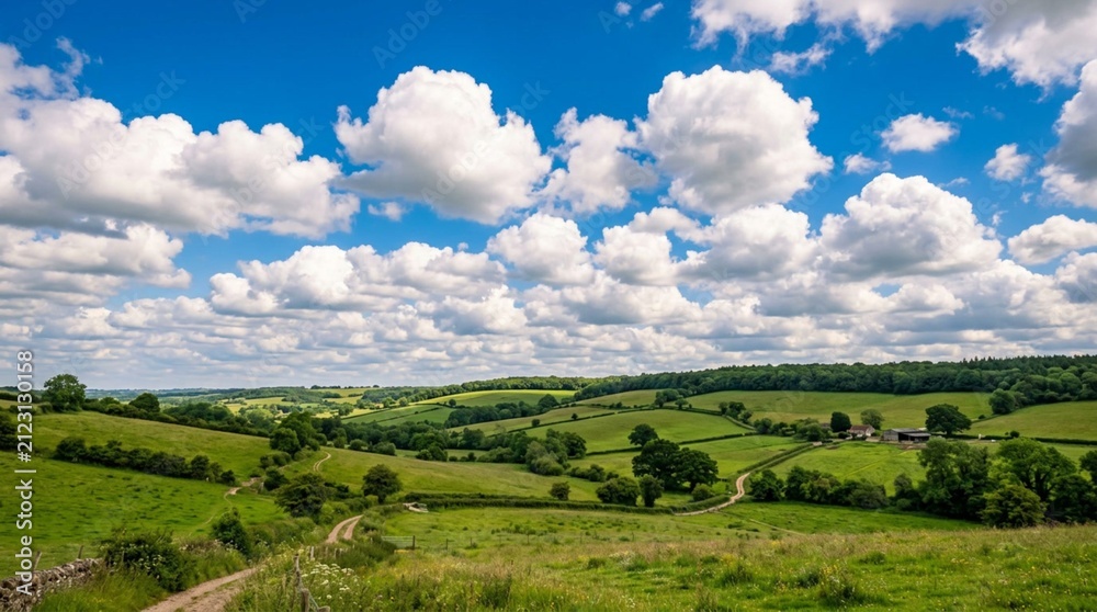 Obraz premium Luminous deep blue summer sky filled with soft billowing white cumulus clouds above a calm green countryside with rolling hills, hedgerows, scattered trees, and winding country lanes