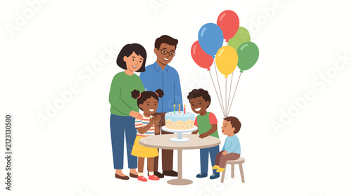 Happy Family Celebrating Birthday With Cake and Balloons