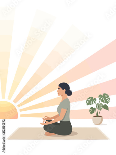Woman meditating in lotus pose with sunburst background and potted plant