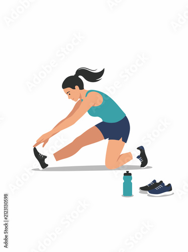 Woman stretching her leg in a workout outfit with water bottle and shoes nearby
