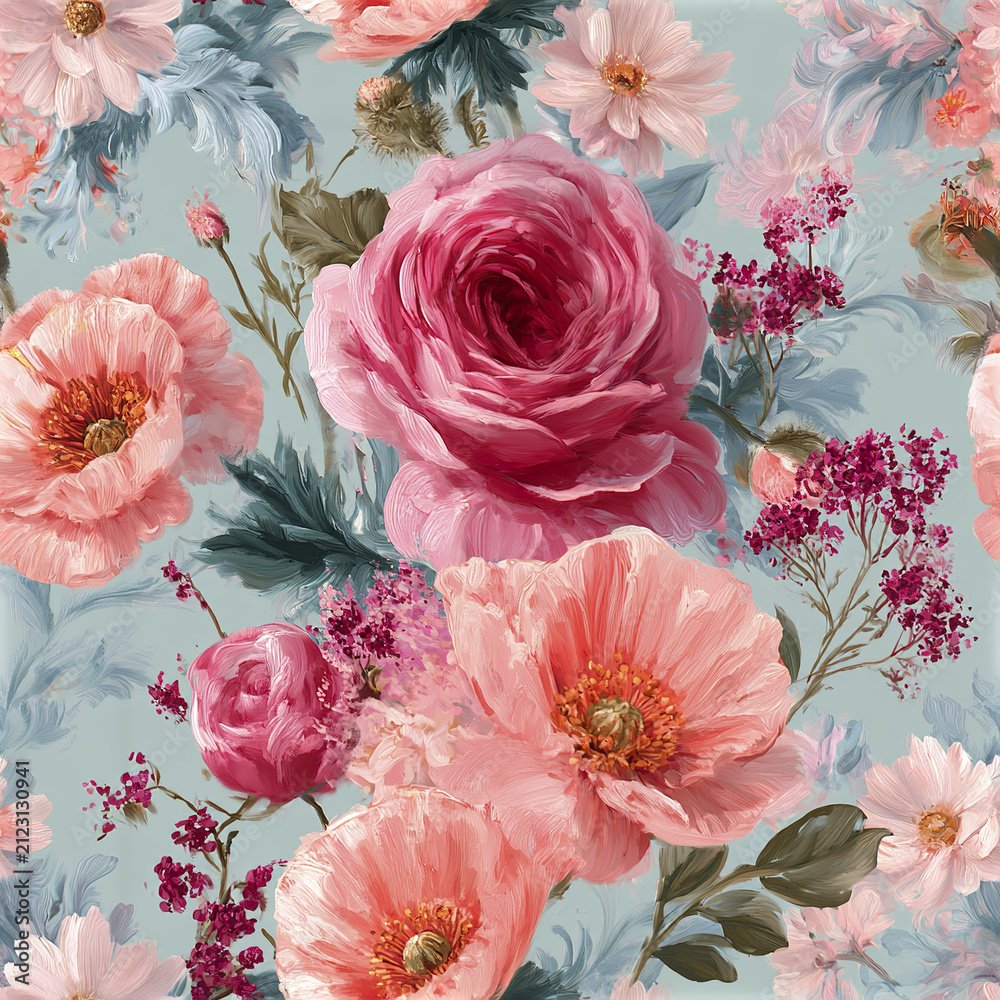 Fototapeta premium Seamless romantic botanical pattern with large pink rose and peach poppy flowers on soft blue background