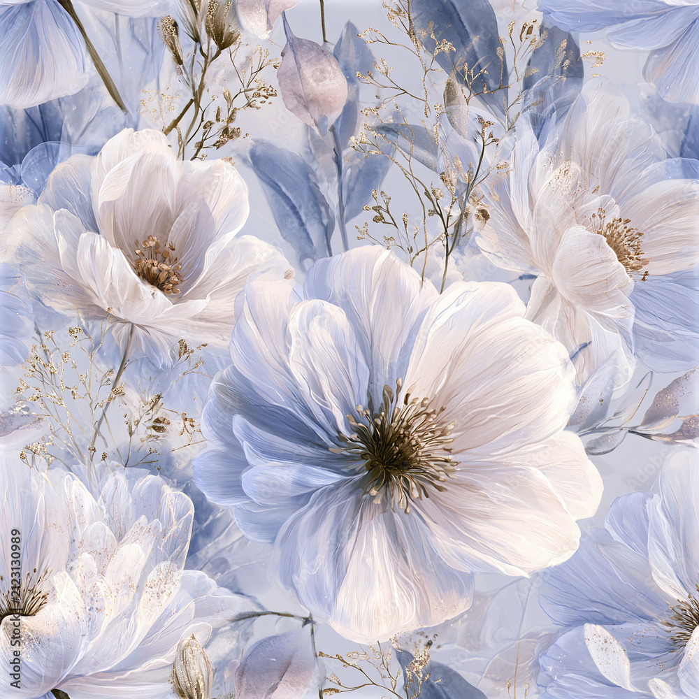 Fototapeta premium Soft white flower with delicate petals and translucent blue leaves create romantic botanical pattern with gentle natural beauty