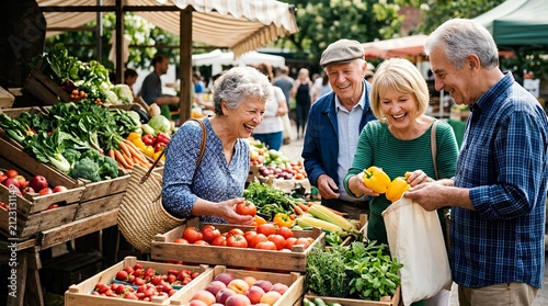 Happy elderly friends shopping fresh tomatoes, strawberries, and leafy greens at bustling outdoor farmers market stall on sunny day