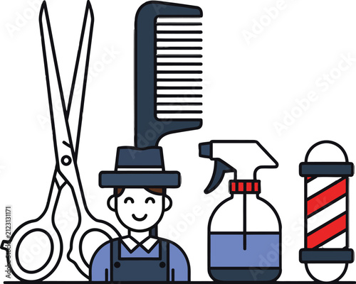 Illustration of barber tools and professional barber with white background