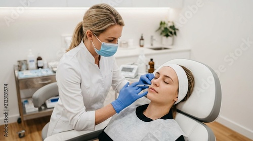 Female dermatologist in white coat and blue surgical mask precisely injecting facial dermal filler into a relaxed young woman's cheek inside a clean, modern aesthetic clinic treatment room