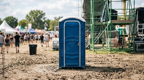 Compact blue portable restroom standing on packed earth at sunlit outdoor event with scaffolding, tents, and crowd