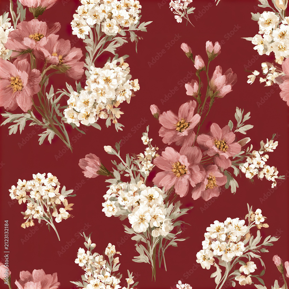 Fototapeta premium Romantic seamless floral pattern with pink and white flowers and green leaves on deep red background, elegant and soft