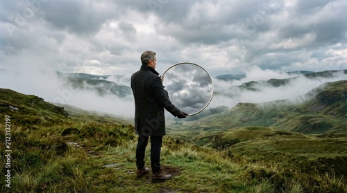 Mysterious businessman in dark coat standing on misty green hillside holding large polished round sky mirror reflecting dramatic cloudy sky above rolling mountain landscape at dawn