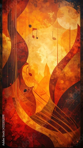 Abstract violin art with musical notes in warm fire tones.
