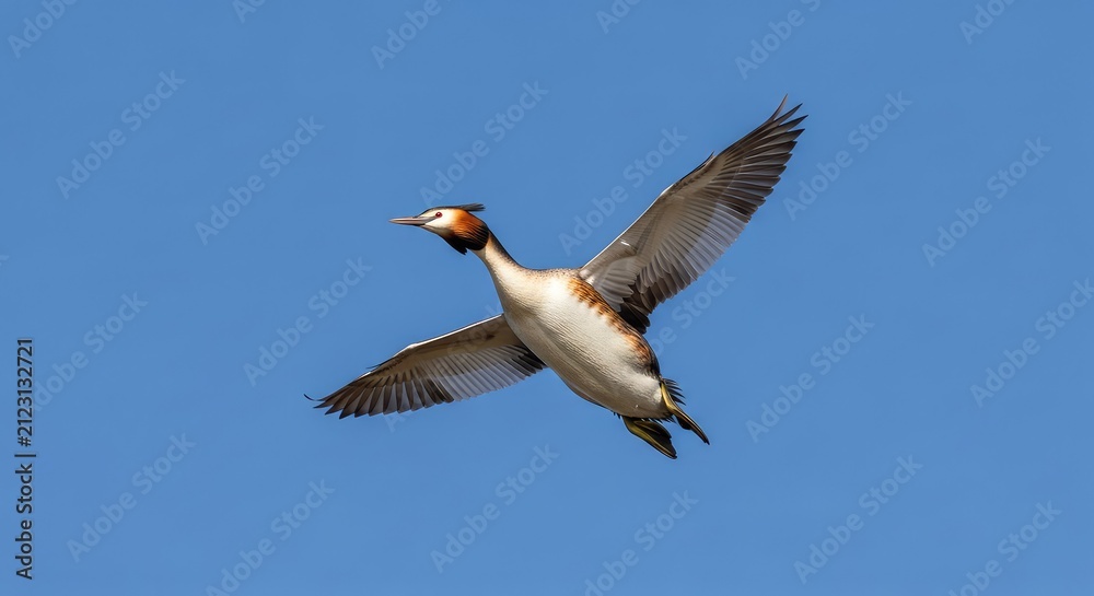 Obraz premium A stunning view of a great crested grebe soaring through a clear blue sky with its wings spread wide, showcasing elegant white patterns, airborne, profile, day