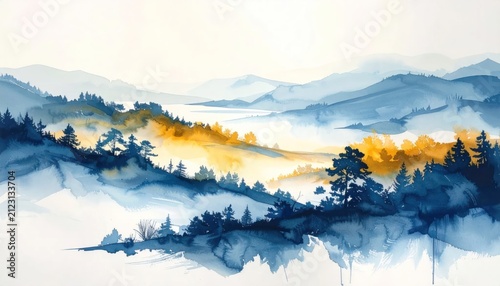 Abstract watercolor misty mountain landscape painting.