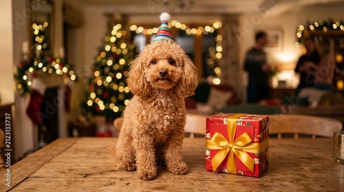 Adorable apricot toy poodle with curly fur wearing a colorful striped party hat, sitting on a wooden dining table beside a red wrapped Christmas gift with golden bow, cozy holiday home interior,