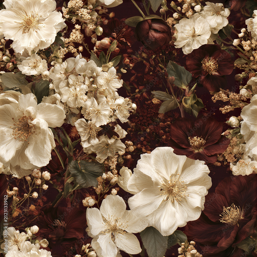 Obraz premium Seamless romantic wildflower tapestry featuring abundant ivory and dark brown flowers with green leaves creating warm elegant