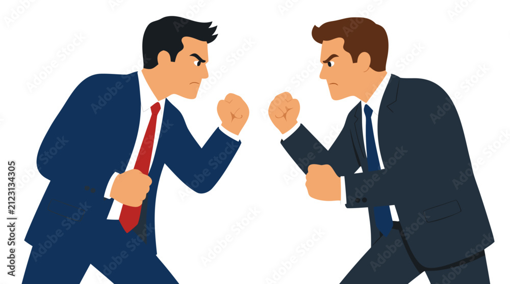 Fototapeta premium Two businessmen facing each other confrontationally with fists raised, workplace conflict, bold flat colors, office dispute, angry colleagues, vector illustration