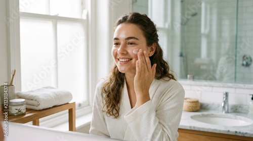 Smiling young woman gently applying facial cream to her cheek in a bright modern bathroom with white towels and natural light