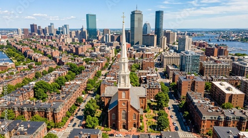 Aerial photograph of a sunlit cityscape featuring a historic red-brick church with a tall white spire in the foreground, surrounded by brick residential buildings and modern glass skyscrapers in the