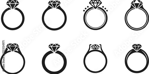 Принти на полотні Collection of eight diamond engagement ring icons in black silhouette on white j