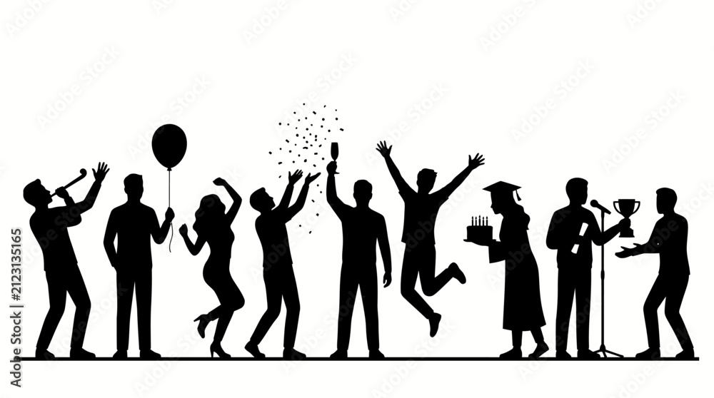 Obraz premium Silhouette Group of People Celebrating Success and Achievement.