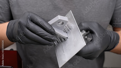 Close-up of a technician wearing black protective gloves cleaning a 3D printed metal part with a wire brush in a manufacturing workshop