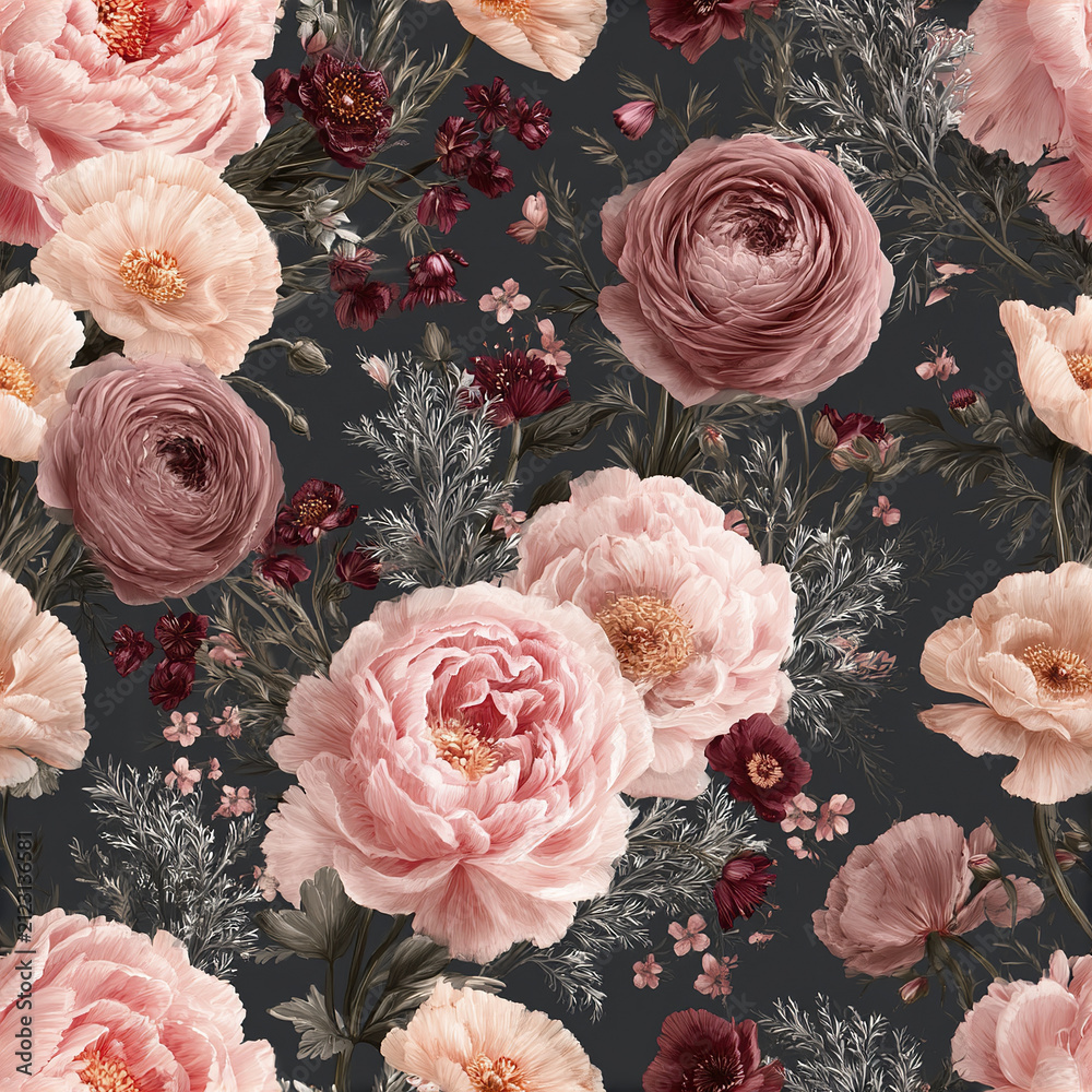 Fototapeta premium Soft pink and burgundy flowers with delicate green leaves create seamless shabby chic botanical pattern full of gentle beauty