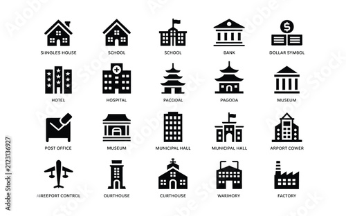 Minimalist black public building icon set featuring house school bank hotel hospital pagoda museum municipal hall courthouse factory and airport