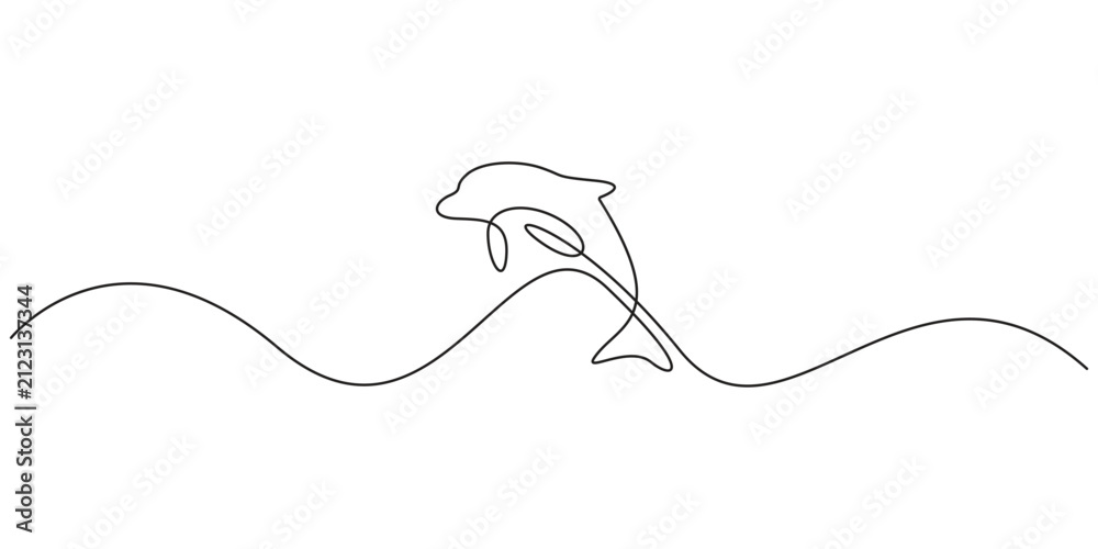 Obraz premium Dolphin continuous line art vector illustration for marine life and ocean conservation. Minimalist continuous line drawing of a jumping dolphin over ocean waves for marine branding.