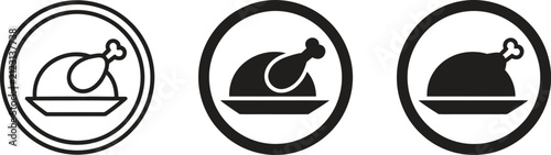 Roasted chicken vector icon set featuring circular badges with cooked poultry turkey and drumstick on plate isolated on white background