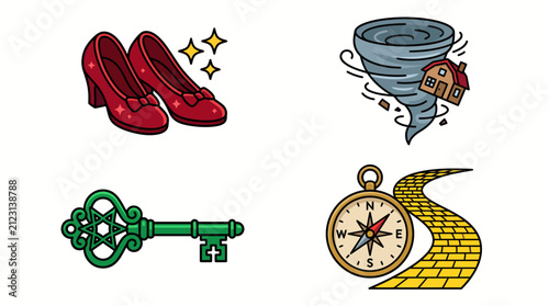 Set of Wizard of Oz fantasy story icons including ruby slippers and yellow brick road.