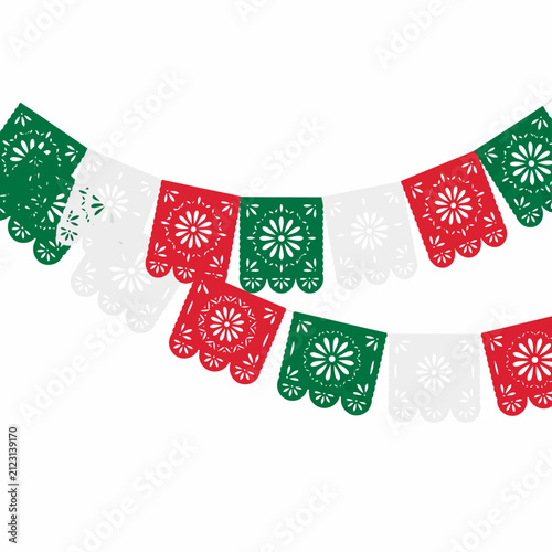 Traditional Mexican Papel Picado Garland Decoration with Green White and Red Banners for Festive Celebrations and Cultural Events