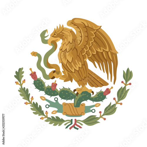 Golden eagle holding a green serpent on a cactus with wreath in vintage hand-drawn illustration style