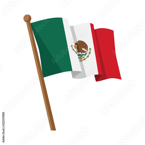 Waving Mexican flag on flagpole with eagle holding snake on cactus illustration