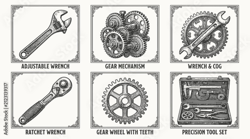 Vintage hand drawn mechanical tool set and gear collection.
