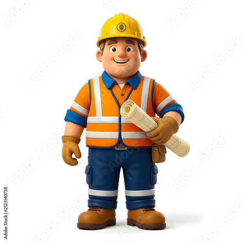 Friendly 3D construction engineer holding rolled architectural blueprints while wearing protective equipment, isolated on white background for engineering and planning concepts.