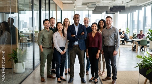 Diverse group of confident professionals in business casual attire posing together in a modern, sunlit open office with city views, plants, and collaborative workspaces