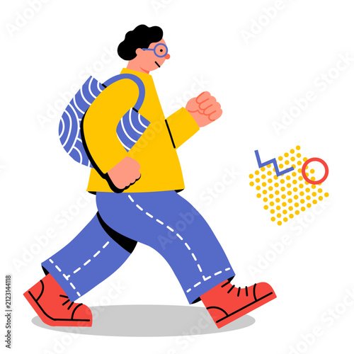 元気に歩く若い男性のポップでカラフルなイラスト