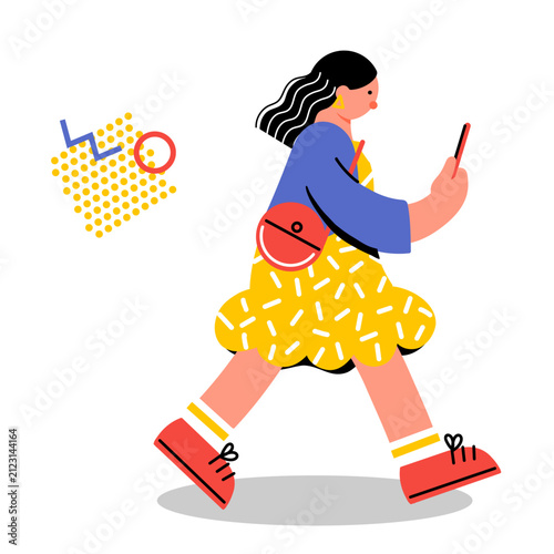 スマホを見ながら歩く若い女性のポップでカラフルなイラスト