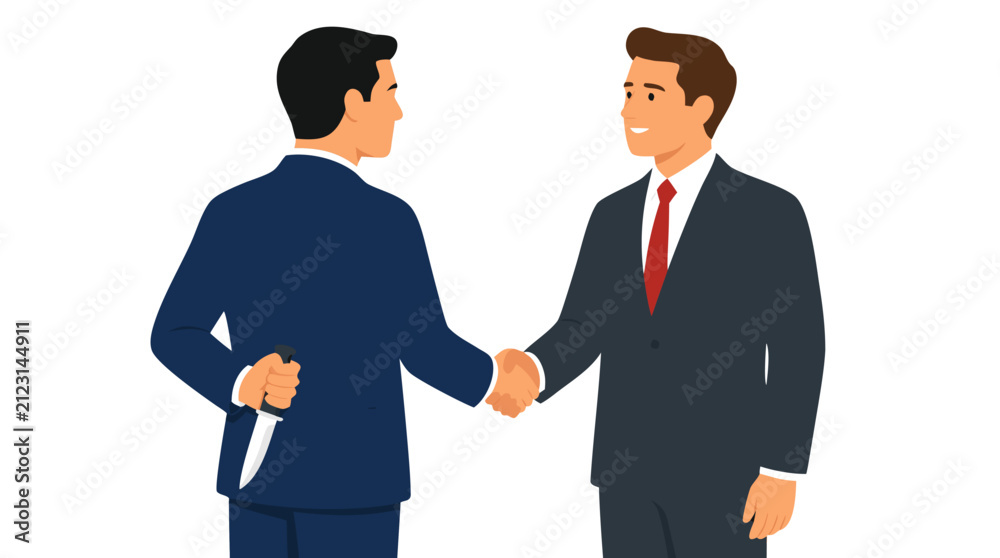 Fototapeta premium Sneaky businessman concealing a knife behind his back while shaking hands with smiling, unaware colleague, flat vector illustration depicting corporate betrayal and hidden threat