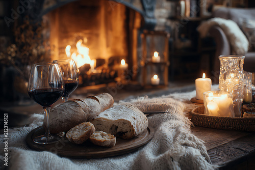 Cozy Evening Ambiance with Fresh Bread, Wine, and Fireplace Glow.