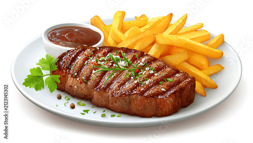 Delicious Grilled Steak with Crispy French Fries and Dipping Sauce.