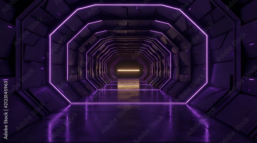 Obraz premium Dark futuristic tunnel with purple neon hexagonal frames and a single glowing yellow light at the end, set on a reflective metallic floor surface
