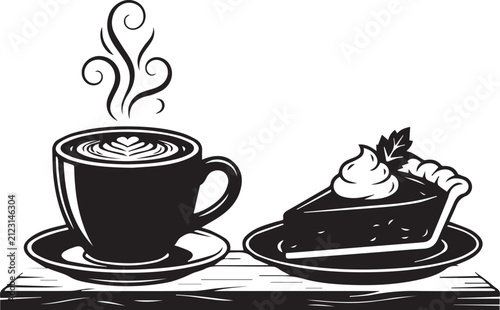 Black and white illustration of a coffee cup with steam and a slice of pie with whipped cream on a wooden board.