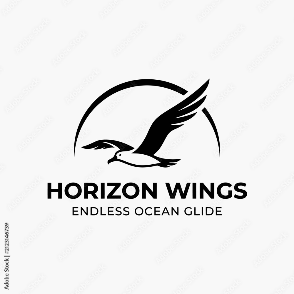 Naklejka premium Seagull flying over horizon line minimalist logo.