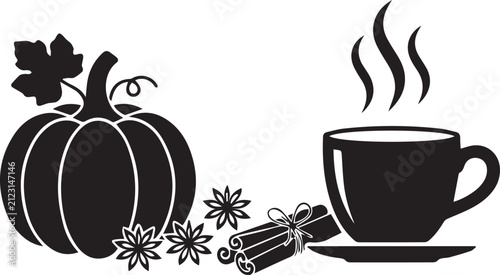 Autumn harvest still life with large pumpkin steaming coffee cup cinnamon sticks and star anise vector silhouette illustration.