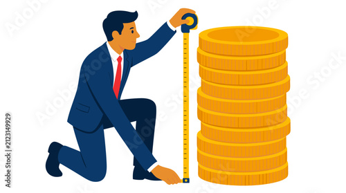 Businessman measuring tall stack of gold coins with yellow tape, flat cartoon illustration of finance, growth, savings, investment, wealth accumulation and money management concept